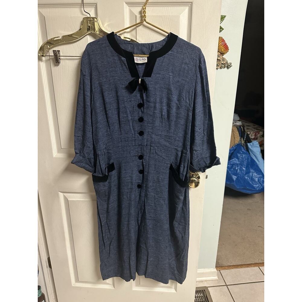 Cay Artley 50s 60s Blue Day Dress Midi Velvet Linen Swing Xl 42w Party Bow